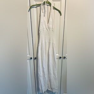 Boho White Halter Maxi Dress with Lace Trim